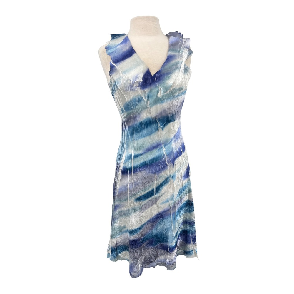 Komarov Pleated Midi Dress Womens Medium Blue White Abstract V-Neck Ruffle